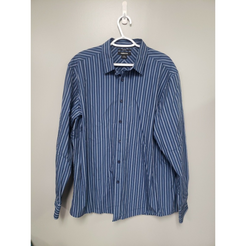 Claiborne Dress Shirt Men's 2 Ply Cotton LS Button Down Blue Striped Size XL